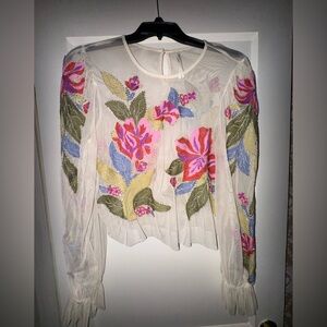 Anthropologie Sheer Blouse with Floral Embroidery